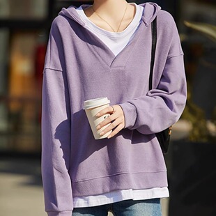 韩版别致原宿风胖mm2-300斤超大码连帽中长款假两件春秋季女卫衣