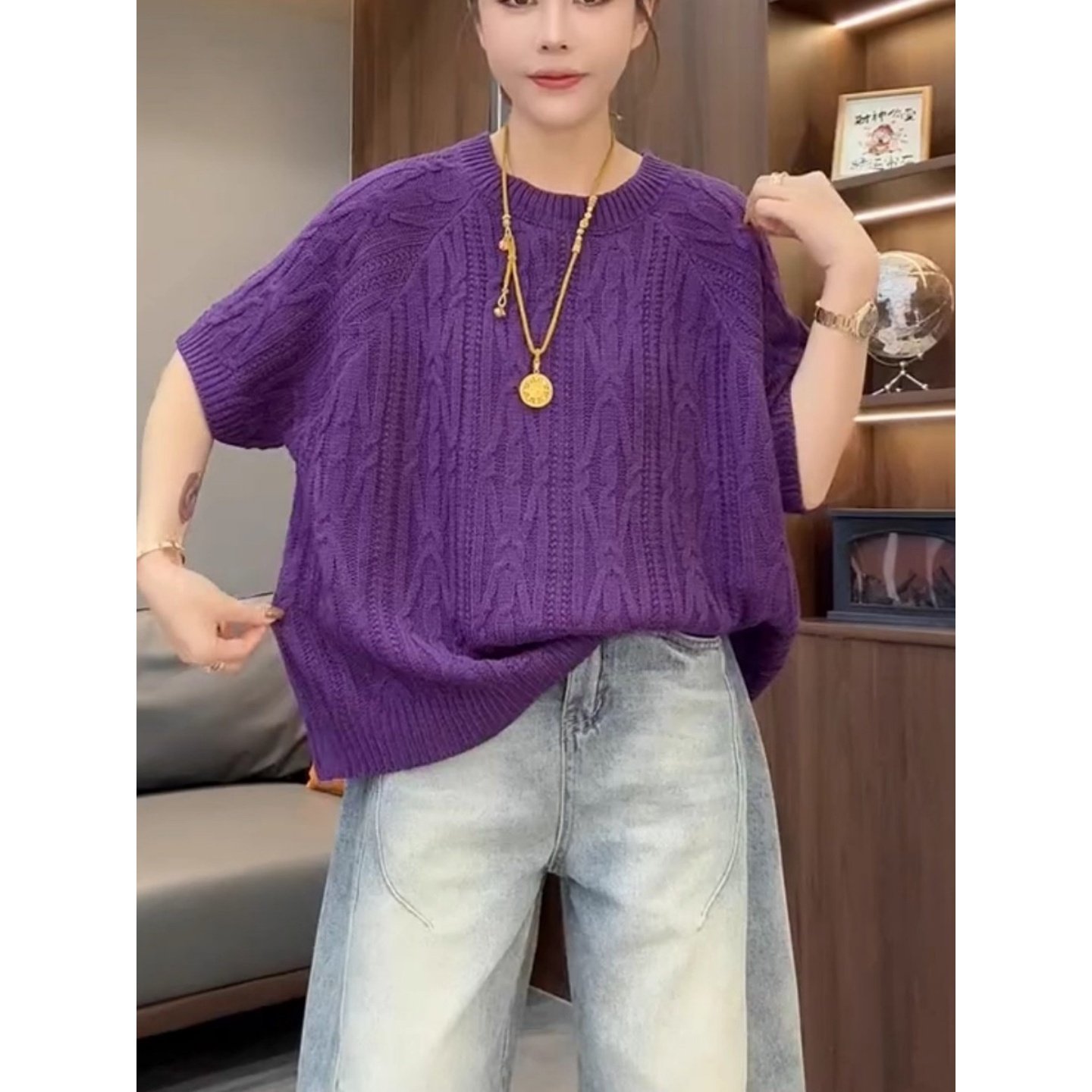 300斤秋冬麻花圆领短袖针织衫女大码宽松显瘦百搭减龄叠穿毛衣衫