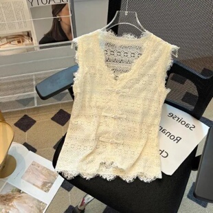时髦百搭显瘦气质无袖 夏季 上衣 盘扣拼接蕾丝背心300斤大码 新中式