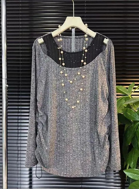 胖MM2-300斤高级感洋气重工亮片拼接设计春秋加大码女款T恤衫上衣