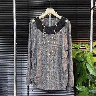 T恤衫 女款 上衣 300斤高级感洋气重工亮片拼接设计春秋加大码 胖MM2