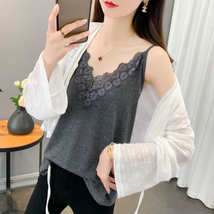 300斤大码 胖MM2 性感蕾丝拼接V领吊带休闲宽松打底背心女 新款 夏季