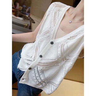 上衣大码 开衫 300斤 外穿设计感显瘦无袖 胖MM镂空钩花针织背心夏季