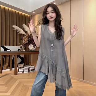 宽松遮肚无袖 薄款 上衣 设计款 韩系胖MM不规则拼接V领背心300斤大码