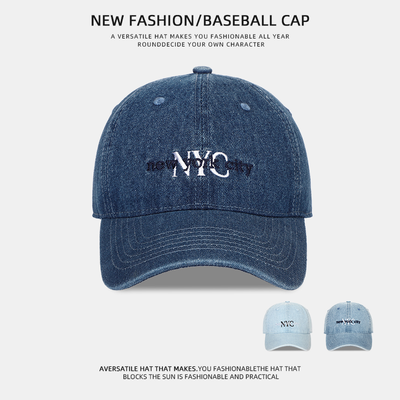 美式复古水洗牛仔棒球帽子女深顶大头围显脸小刺绣遮太阳鸭舌帽男