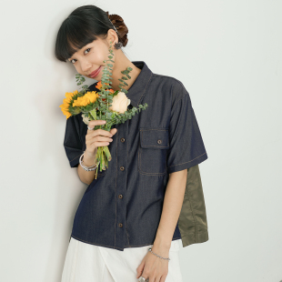 休闲百搭牛仔上衣外套春夏 女 inkday日系轻复古异材拼接短袖 衬衫