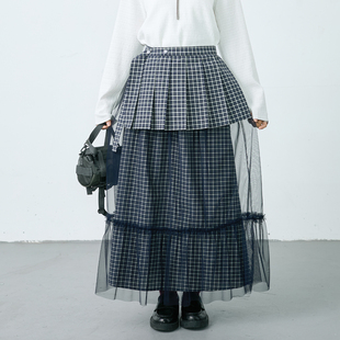 inkday日系轻复古配腰封格纹网纱半裙女 松紧腰设计感两件套a字裙