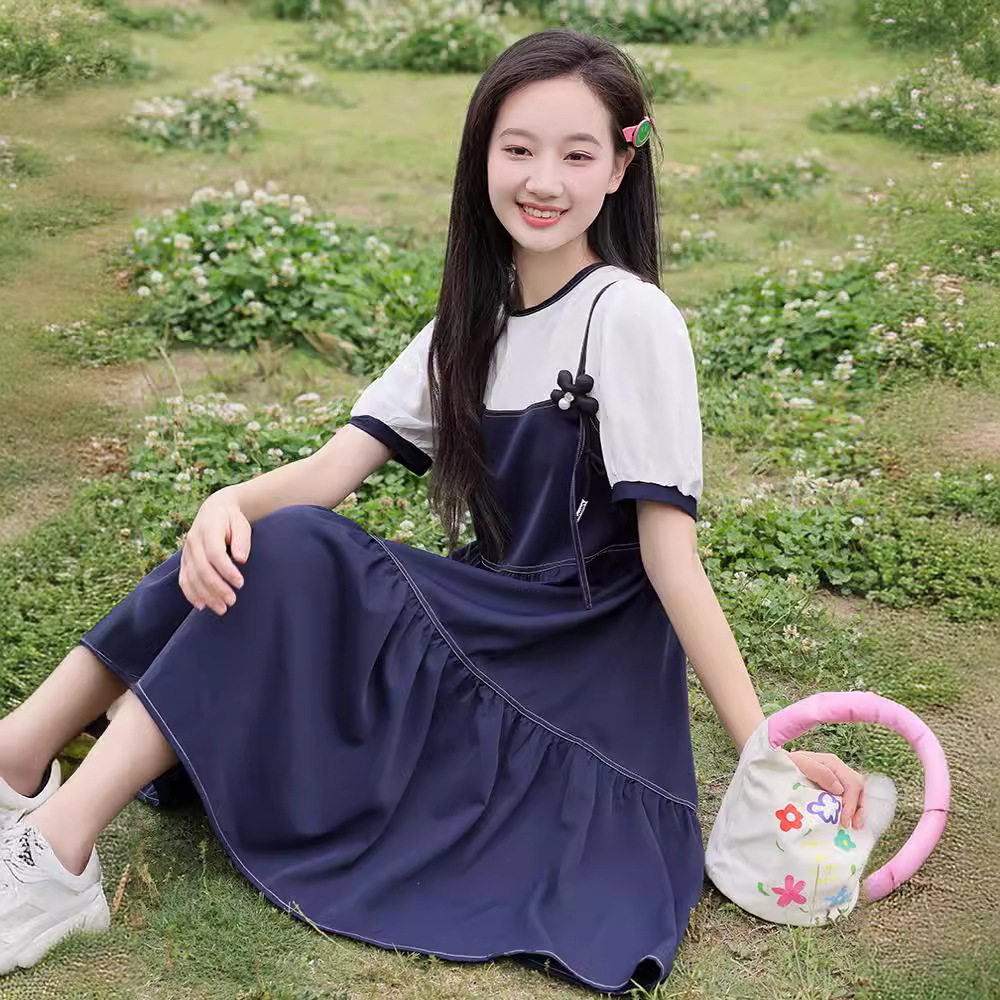 2024新款连衣裙夏季假两件少女大童吊带休闲初高中学生短袖过膝