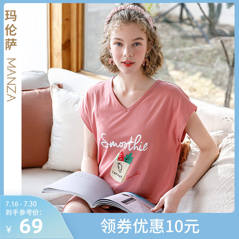 玛伦萨2022年新款纯棉睡裙女夏宽松卡通可爱可外穿孕妇大码胖mm裙