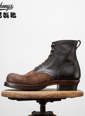 强尼制靴 美式工装靴Horween翻毛牛皮机车靴高帮男鞋伞兵靴固特异