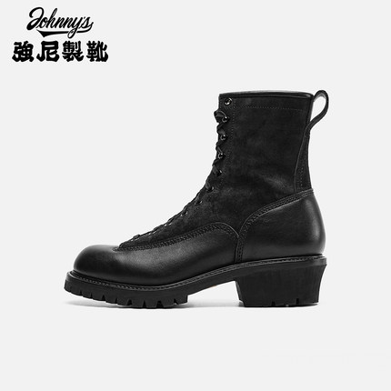 强尼制靴  金尊牛皮高帮短脸靴伐木靴暗黑风固特异男机车靴