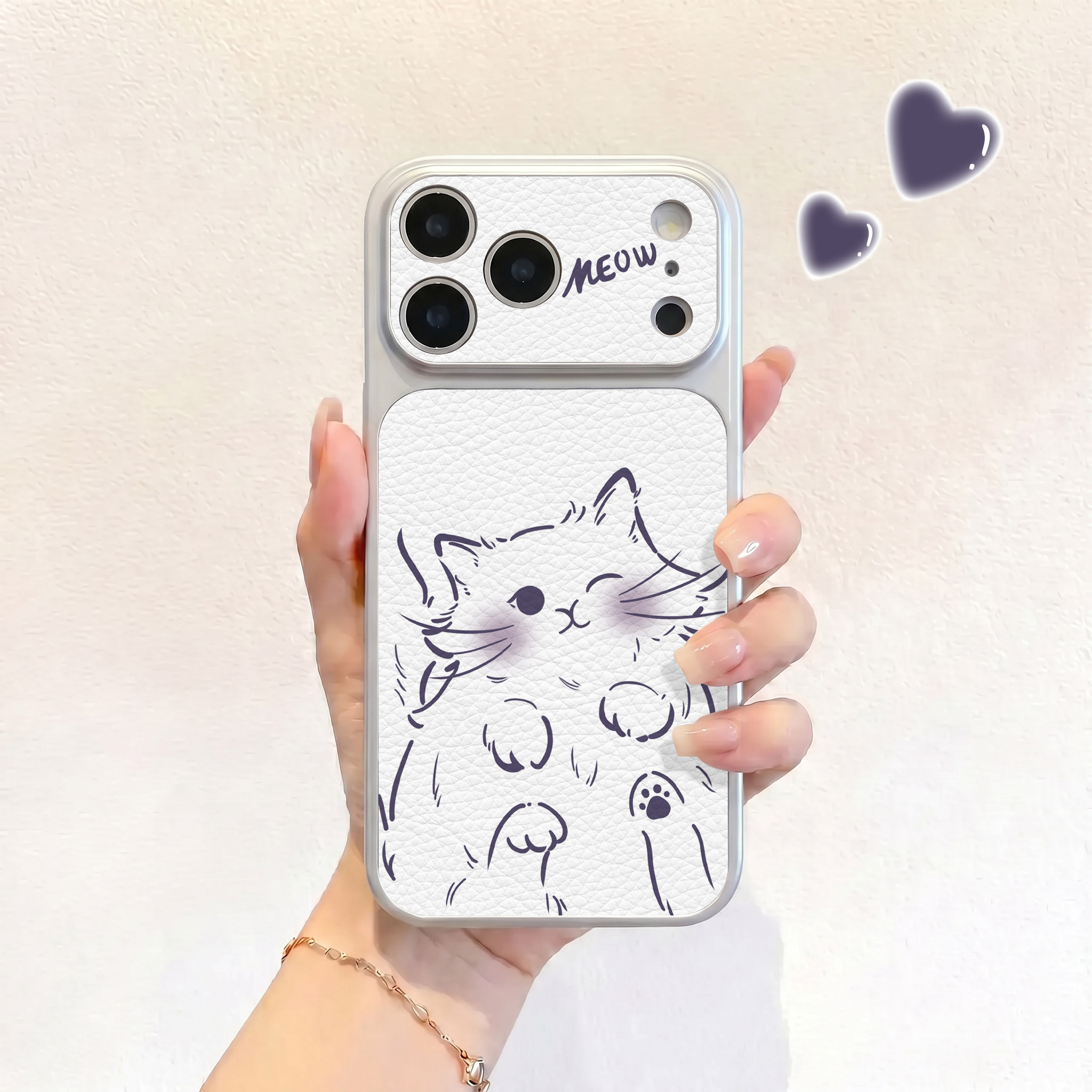 治愈紫线条猫适用iPhone17不会撞壳手机壳新款苹果17promax仿皮16pro皮纹壳17pro保护套ip16男女15卡通14可爱