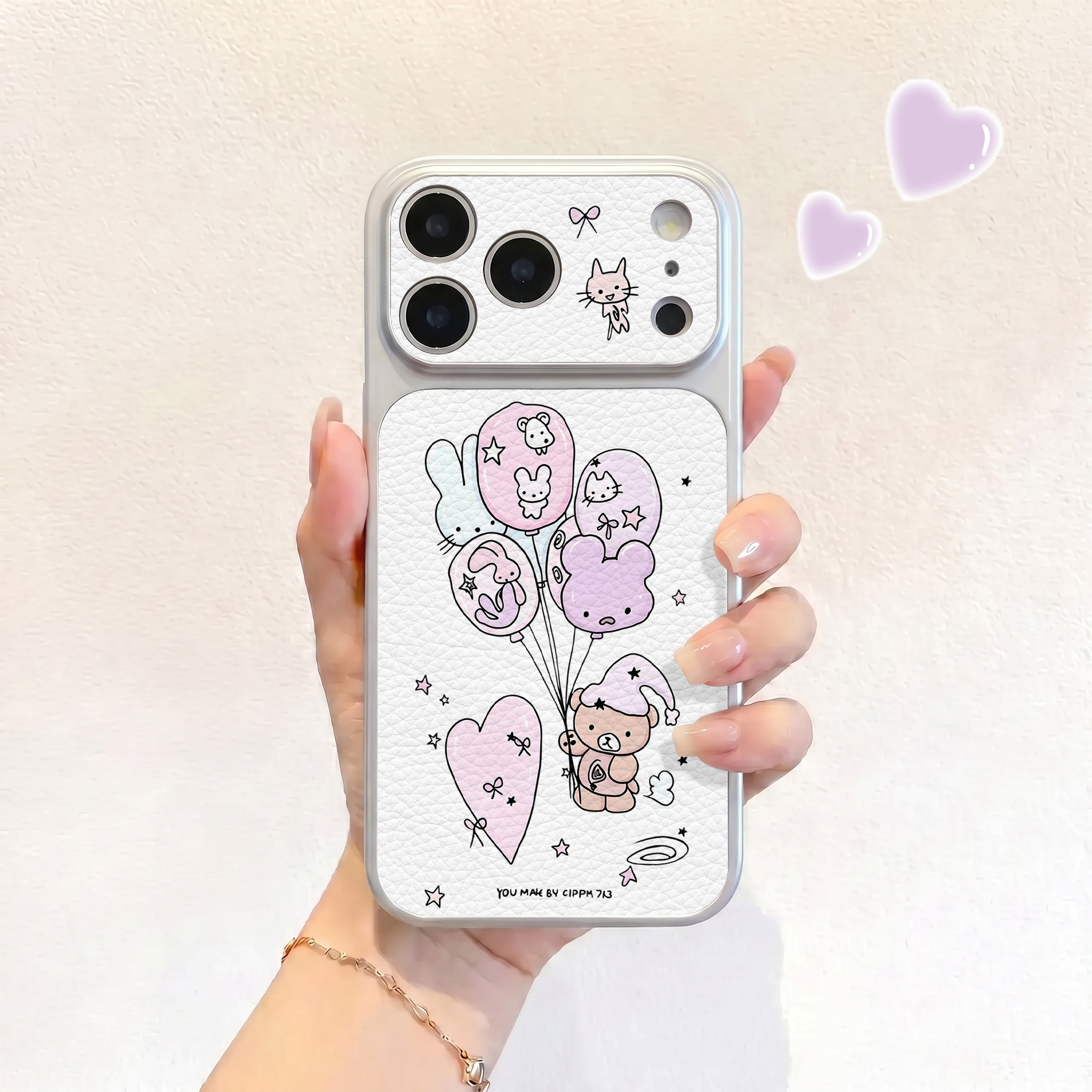 粉紫气球小熊适用iPhone17不会撞壳手机壳新款苹果17promax仿皮16pro皮纹壳17pro保护套ip16男女15卡通14可爱