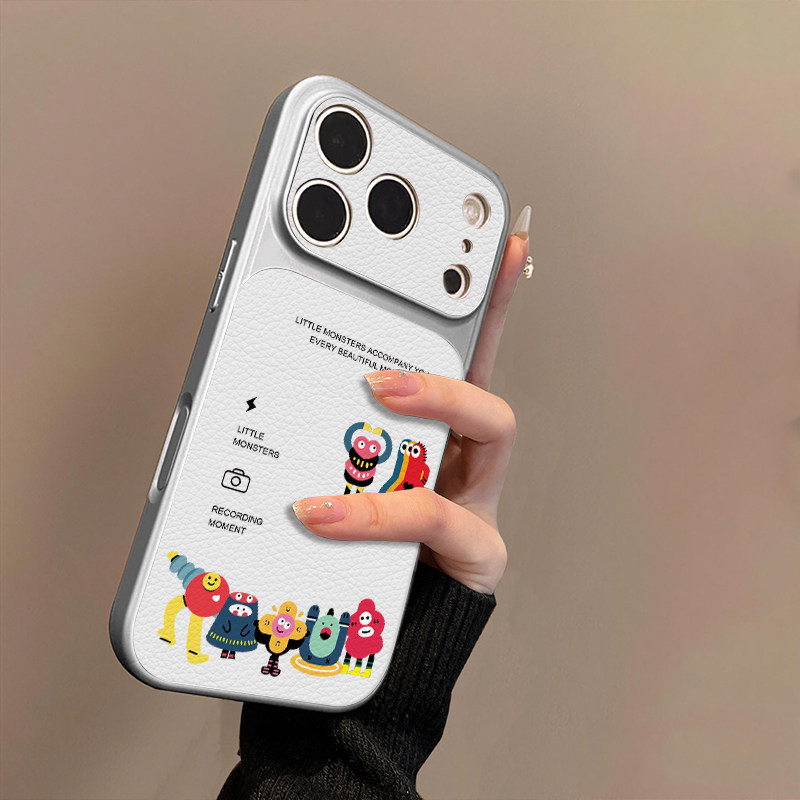 字母小怪兽合影适用iPhone17不会撞壳手机壳新款苹果17promax仿皮16pro皮纹壳17pro保护套ip16男女15卡通14