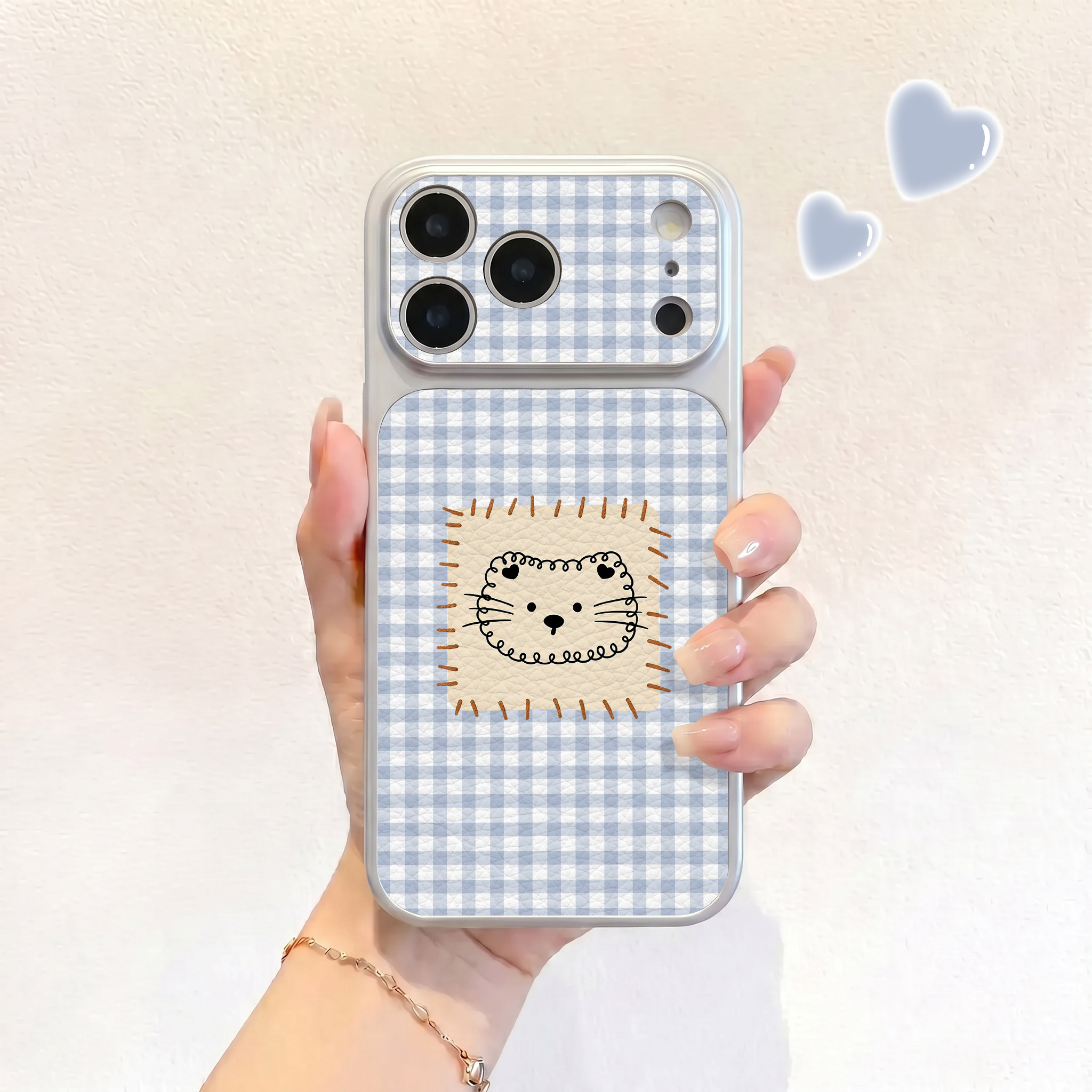蓝白格纹猫适用iPhone17不会撞壳手机壳新款苹果17promax仿皮16pro皮纹壳17pro保护套ip16男女15卡通14可爱