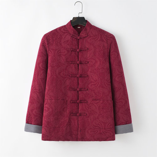 唐装男棉麻挽袖提花龙纹亚麻棉袄加棉加厚保暖盘扣中老年棉衣外套