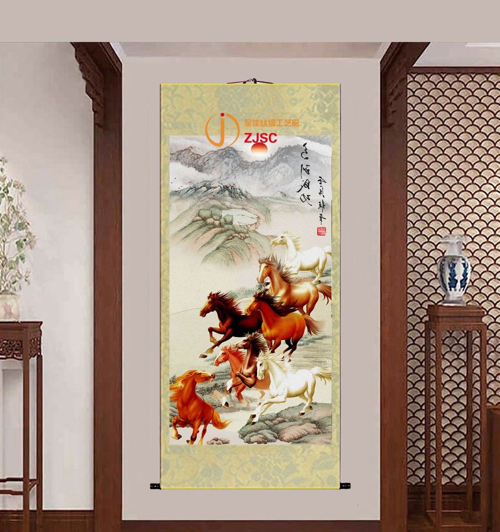 定做丝绸卷轴画动物玄关客厅装饰画八骏马挂画中式绢布国画徐悲鸿