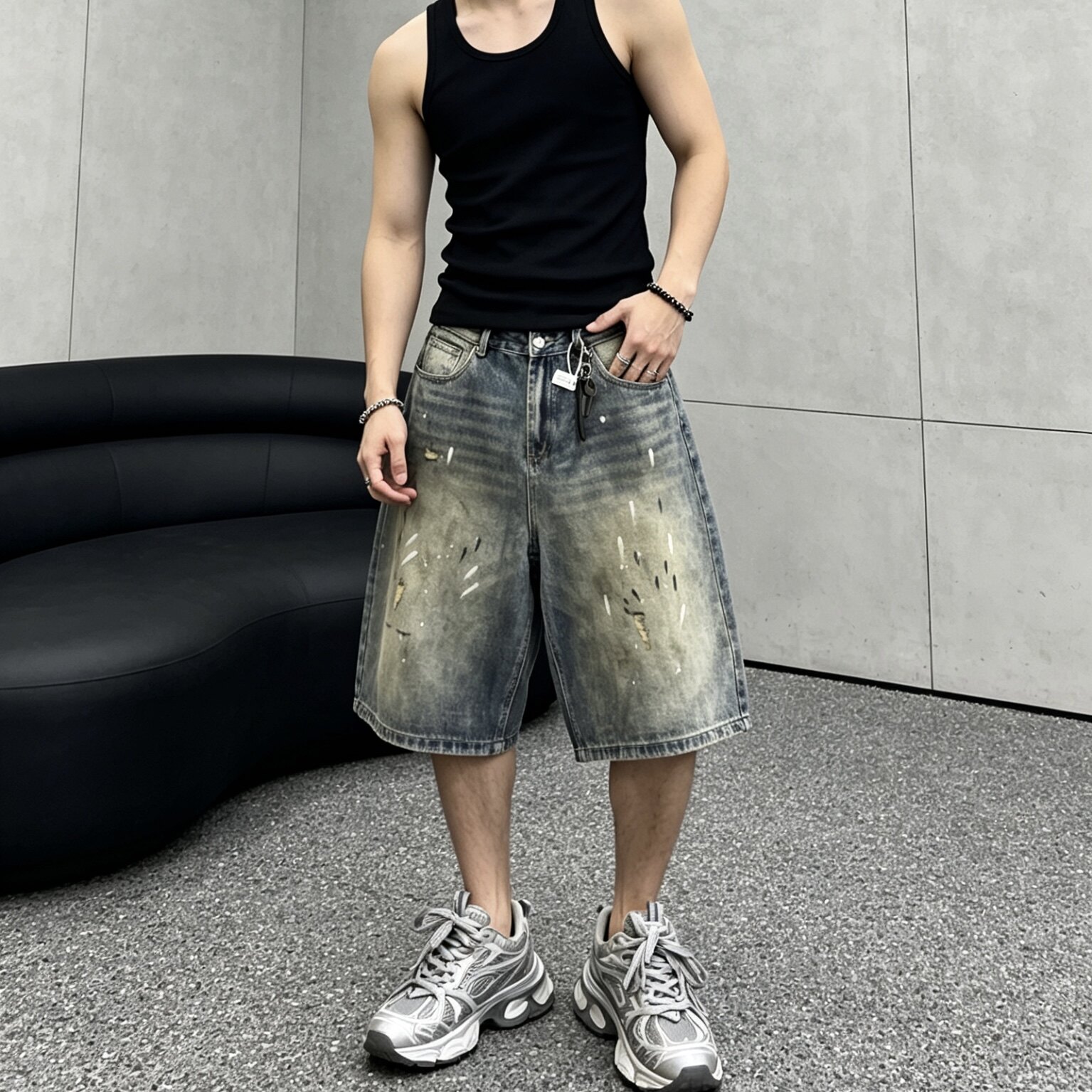 夏季美式泼墨水洗蓝牛仔中裤男士2026新款休闲通勤百搭七分短裤男