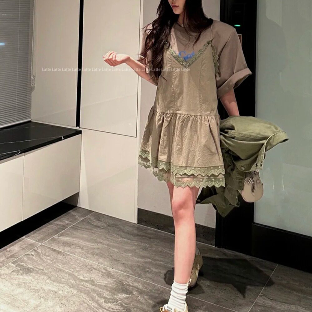 韩国 少女感花边蕾丝V领吊带裙春夏季女白色叠穿短款连衣裙子