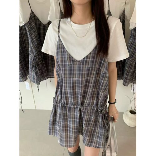 2025韩版可叠穿减龄v领腰间抽绳格子吊带背心内搭无袖背心上衣女