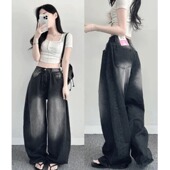 长裤 宽松直筒毛边阔腿牛仔裤 高腰拉链压褶水洗时尚 韩国东大门