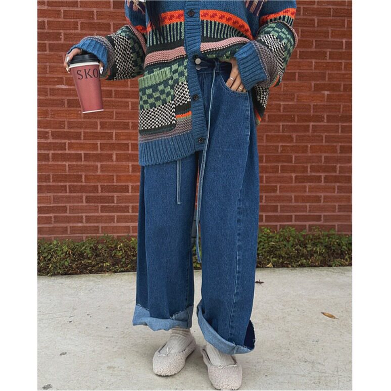 韩国东大门新款 痞帅高腰显瘦系带褶皱宽松直筒阔腿牛仔裤