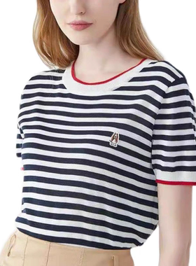 Hush Puppies 暇步士女装2022夏新撞色条纹短袖针织T恤|HW-21313D