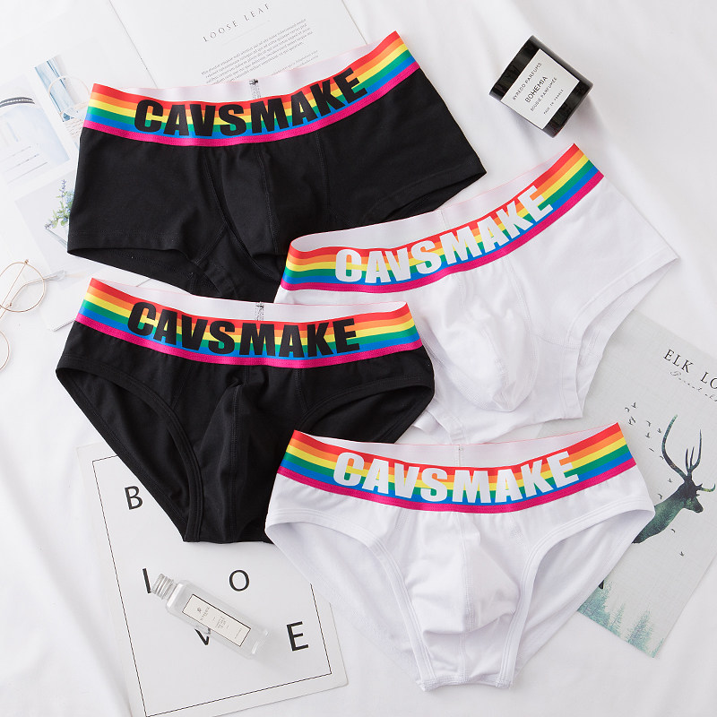 男士三角内裤纯棉性感薄款男生彩虹三角裤潮流白色提臀男同青年