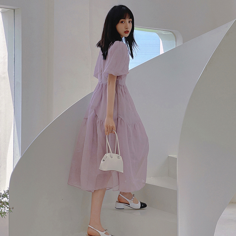 紫色泡泡袖绝美初恋连衣裙女夏2025年新款气质雪纺纱长裙仙女森系，女装连衣裙，象礼