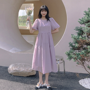 紫色泡泡袖绝美初恋连衣裙女夏2025年新款气质雪纺纱长裙仙女森系图片