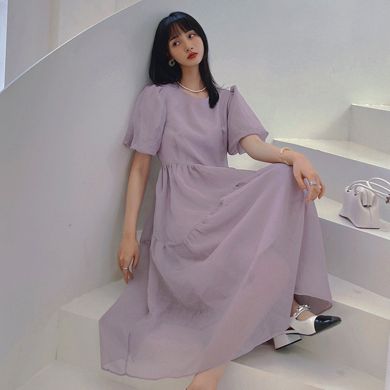 紫色泡泡袖绝美初恋连衣裙女夏2025年新款气质雪纺纱长裙仙女森系,女装连衣裙,浙宝131