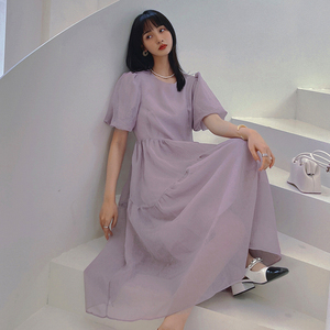 紫色泡泡袖绝美初恋连衣裙女夏2025年新款气质雪纺纱长裙仙女森系图片