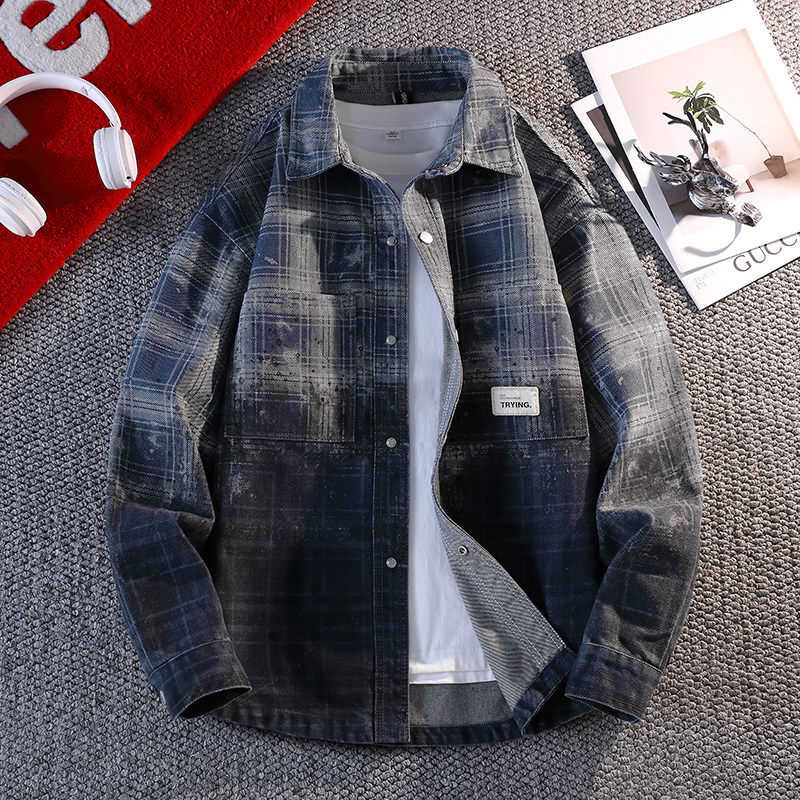 春季青少年韩版潮流日系工装衬衣外套男高初中学生格子牛仔夹克,男装,牛仔外套,淘宝优惠券,粉丝福利购,淘宝优惠卷