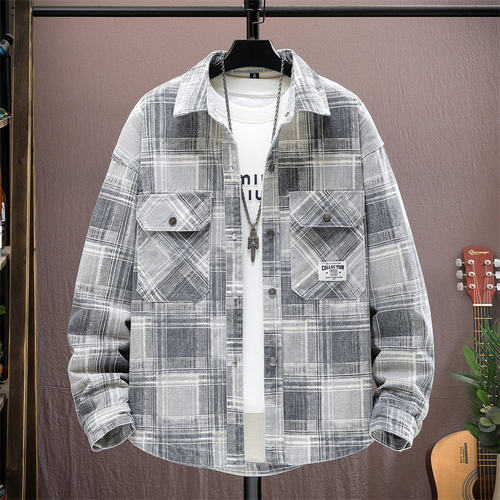 春季男士新款格子外套青少年初中学生牛仔夹克上衣男装士休闲衬衫