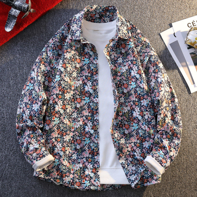 春季男士衬衫轻奢花衬衫青少年宽松百搭纯棉印花长袖开衫外套,男装,衬衫,淘宝优惠券,粉丝福利购,淘宝优惠卷