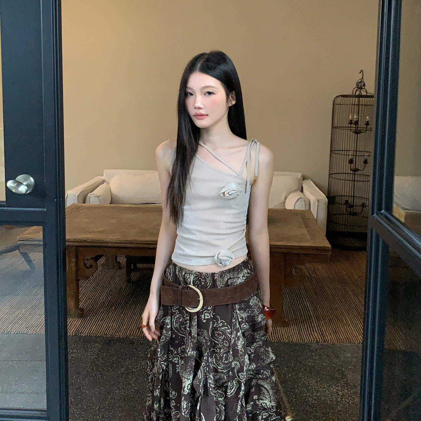 SARA MONE 交叉肩带背心吊带复古小众上衣花朵亚麻棉女夏季T恤