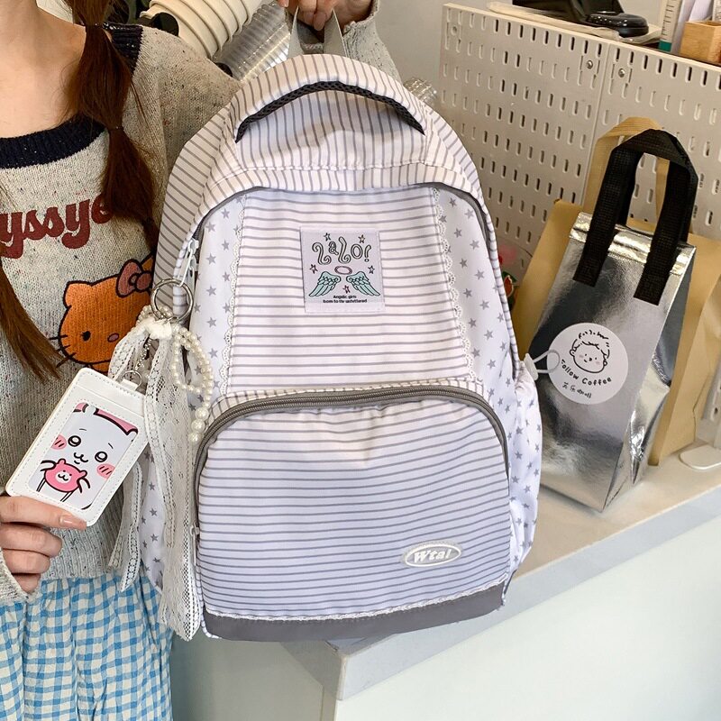 双肩包女条纹星星背包高中生学生上课书包通勤包时尚休闲旅行包
