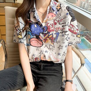 2026夏季新款港风手绘图案卡通短袖翻领女装外穿衬衫雪纺打底上衣