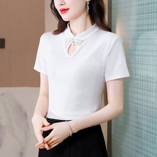 顯瘦媽媽裝 2025夏季 外穿上衣 修身 女裝 新款 復古釘珠盤扣旗袍打底衫