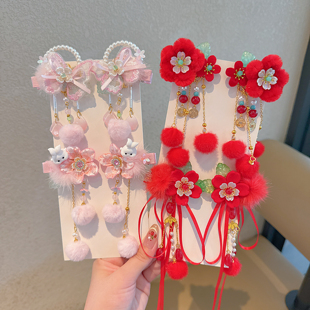新年头饰女童中国风毛绒流苏发夹古风毛球丸子头发卡过年汉服发饰