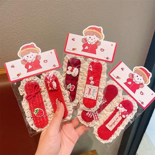 女童宝宝秋冬新年大红毛线魔术贴发带儿童动物刘海贴碎发贴袋装