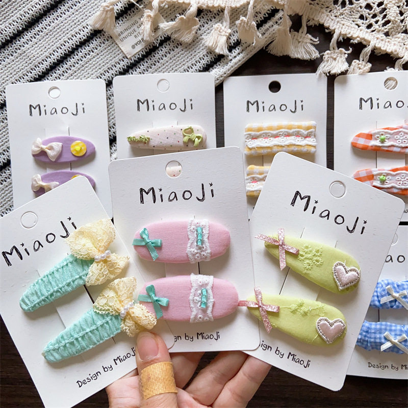 春季新款清新蕾丝格纹波点蝴蝶结发夹儿童刘海发卡边夹花边结BB夹