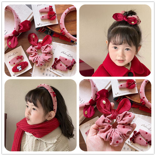 韩系儿童新年安哥拉红蝴蝶结发夹发圈女童年服红色毛绒波点发箍