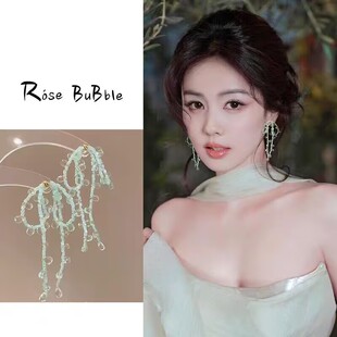 海边度假风薄荷绿水晶流苏串珠耳环女方圆脸适合的精致夸张耳饰品