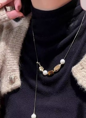 复古美拉德虎眼石珍珠抽拉项链