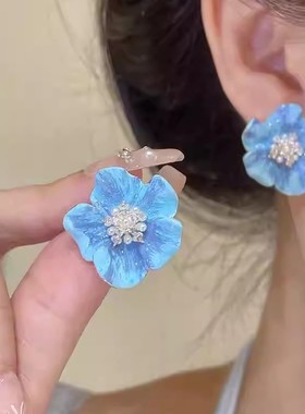 韩版蓝色滴釉海棠花银针耳钉小众设计感2025春夏气质百搭超仙耳环