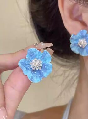 韩版蓝色滴釉海棠花银针耳钉
