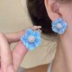 韩版 蓝色滴釉海棠花银针耳钉小众设计感2025春夏气质百搭超仙耳环