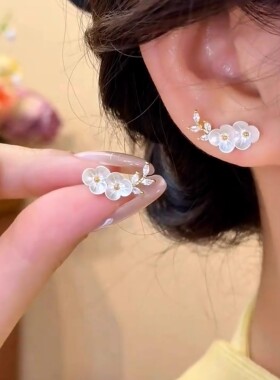 925银针新中式梅花枝叶耳钉耳排轻奢小众设计感高级气质百搭耳环