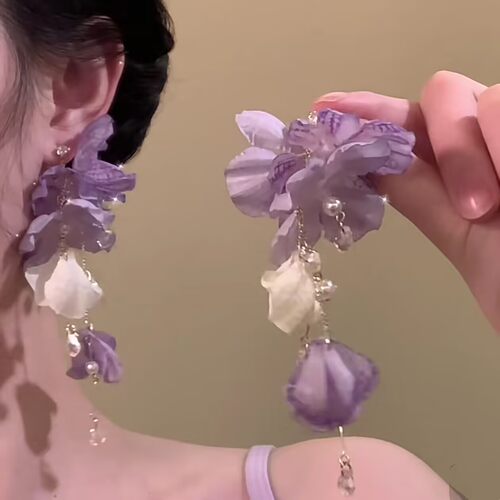 超仙独特度假小众紫色花朵耳环